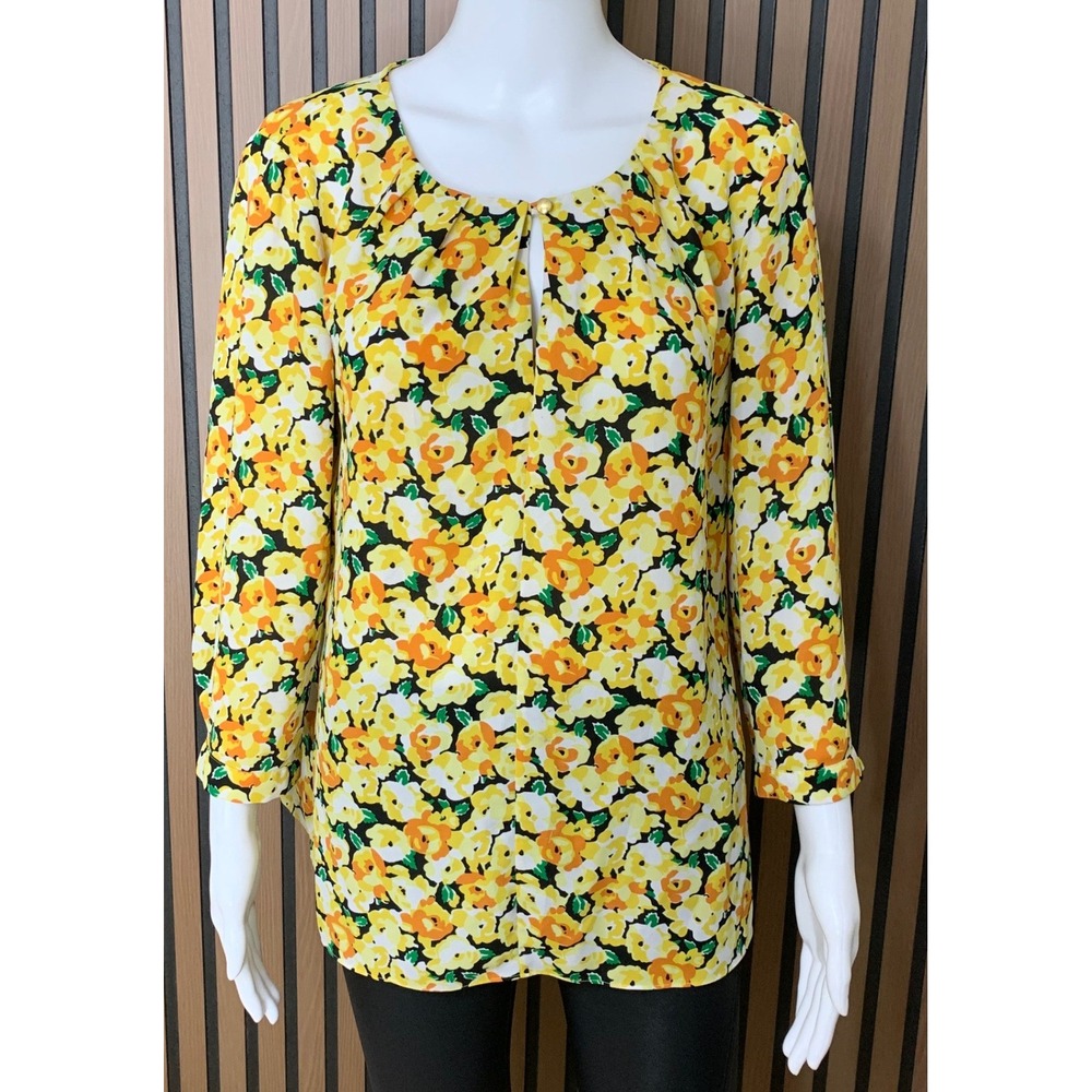 Talbots Yellow Orange Floral Keyhole Neck 3/4 Sleeve Blouse Top Size 12